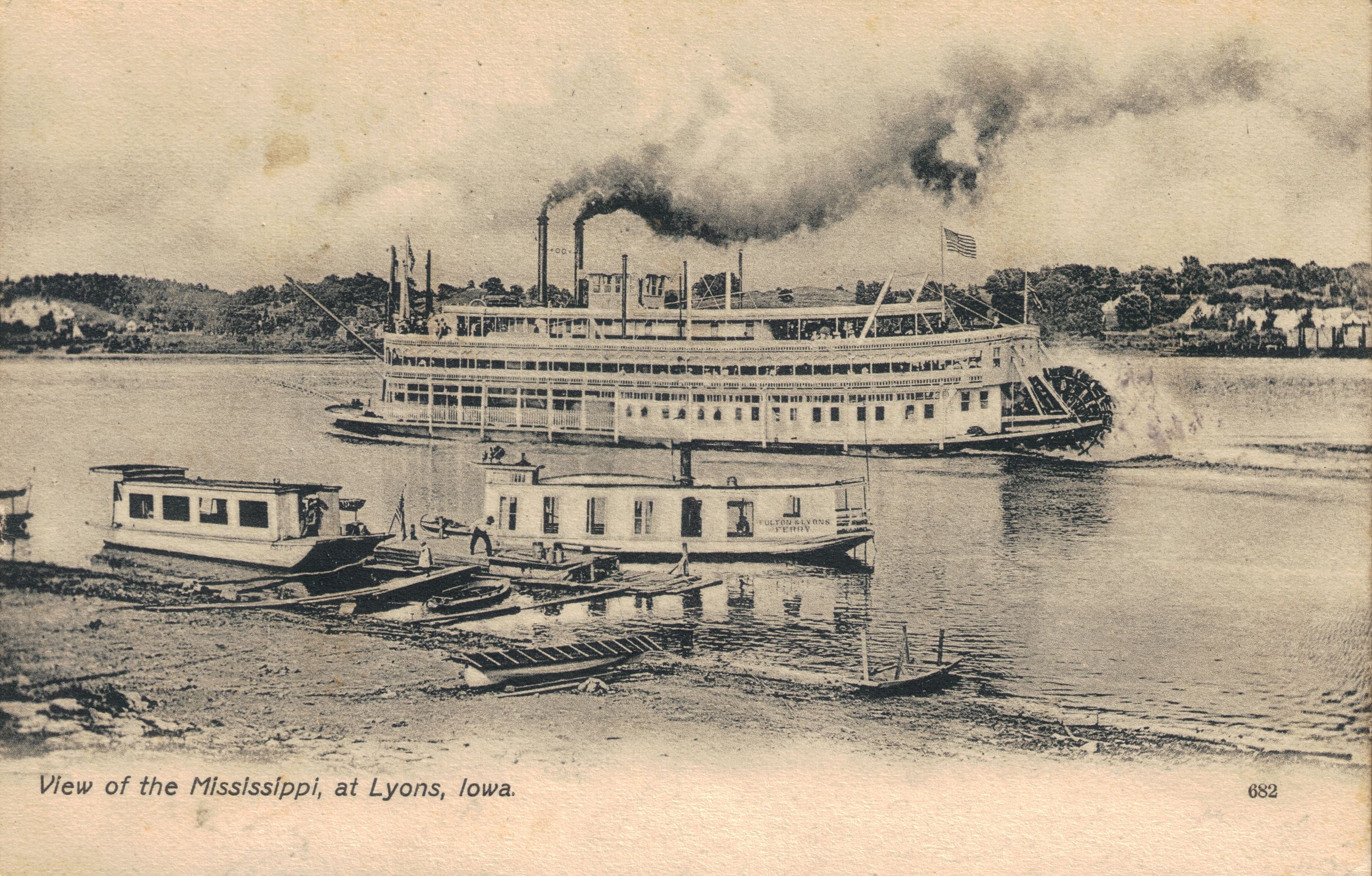 Black and White Photo of the Lyons Waterfront with the W. Harlock Ferry at the Dock