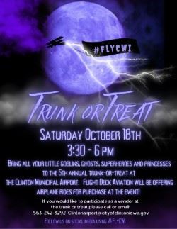 This image shows the event for trunk or treat at the Airport on October 18th from 3:30pm - 6pm